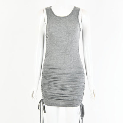 2025 women's clothing autumn new sexy fashion solid color cotton round neck sleeveless side drawstring lace-up hip dress