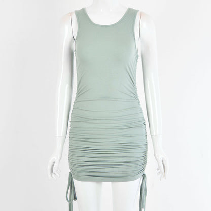 2025 women's clothing autumn new sexy fashion solid color cotton round neck sleeveless side drawstring lace-up hip dress