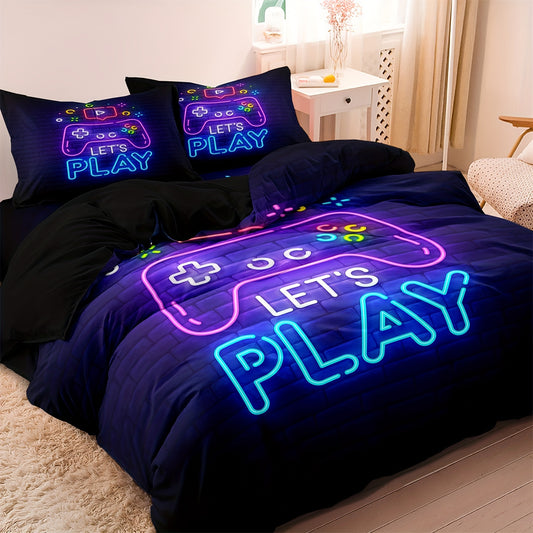 2/3Pc Neon Gamepad Bedding Set - Vibrant Video Game Controller Prints - Ultra-Soft Duvet Cover & Pillowcases for Gamers - Ideal for Bedrooms & Guest Rooms (Core Not Included)