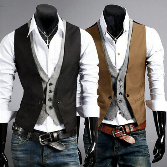 maoxiangshop-shop suit Acting British Slim-Fit Fake Two-Piece Men's Vest Plaid Design Fashion Vest
