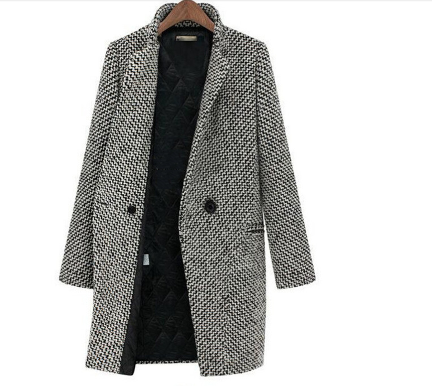 Winter Women Houndstooth Woolen Coats Single Breasted Stand Collar Mid Long Overcoat Thick Warm Elegant Lady Blends