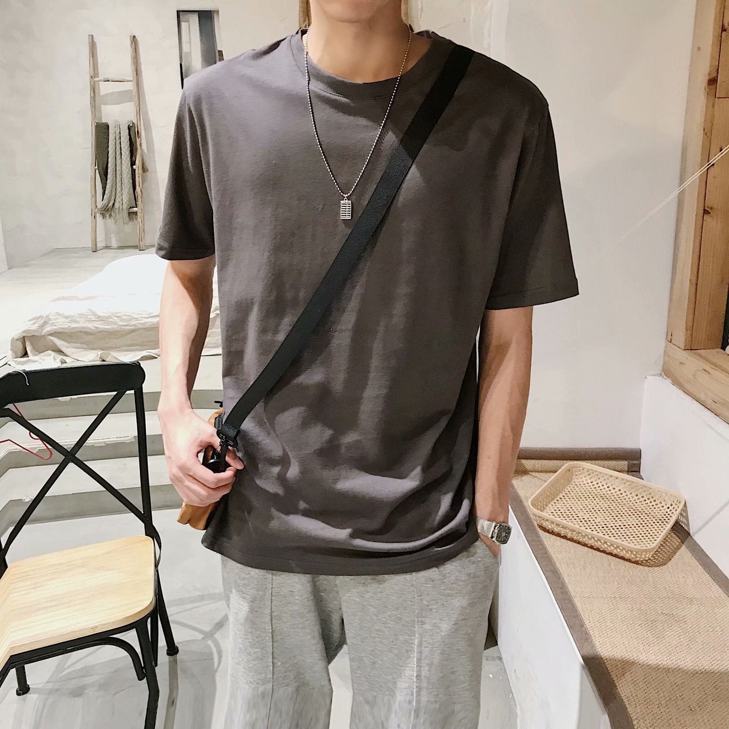maoxiangshop-shop streetwear men outfits Summer Irregular Short Sleeve T-shirt Men's Fashion Brand Trendy Loose Ins American Retro Top Hong Kong Style Harajuku Half Sleeve