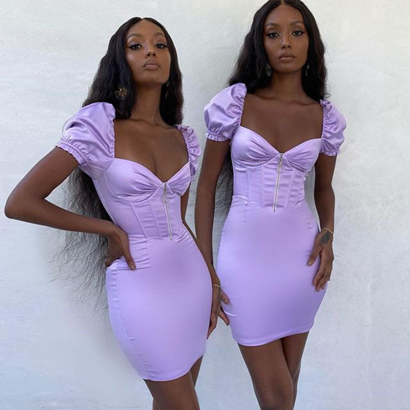 2025 women's clothing sexy chest wrapping INS style  autumn new solid color satin deep V-neck bubble sleeve dress