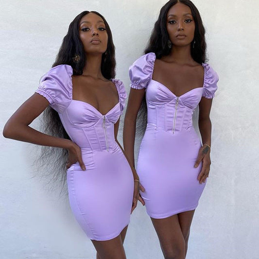 2025 women's clothing sexy chest wrapping INS style  autumn new solid color satin deep V-neck bubble sleeve dress