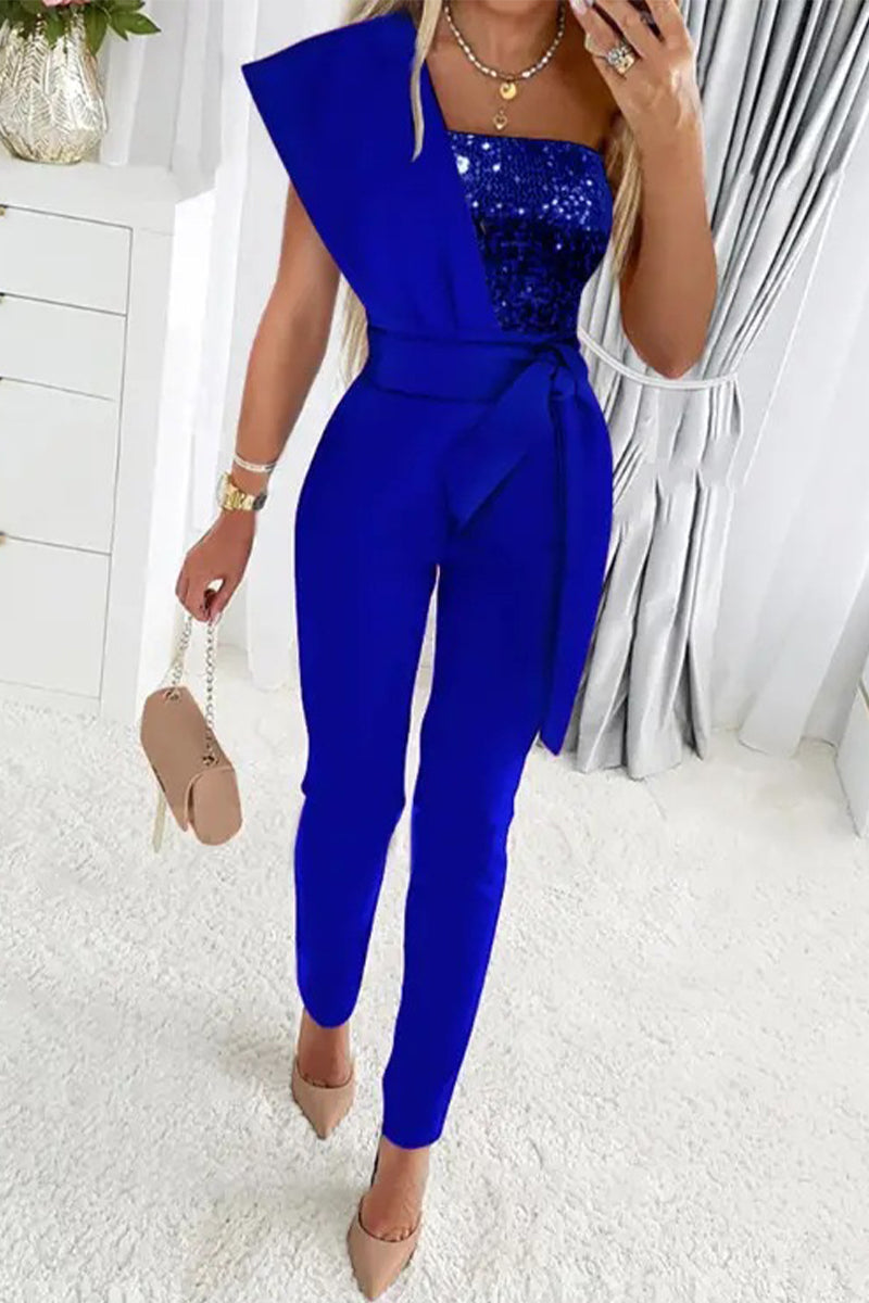 Sweet Elegant Patchwork Sequins Asymmetrical Collar Regular Jumpsuits(5 Colors)