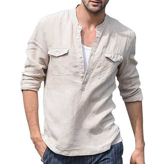 maoxiangshop-shop masculine men New Cotton and Linen Casual Fashion Slim-Fit Long-Sleeved Polo Collar Men's T-shirt
