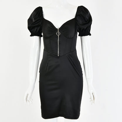 2025 women's clothing sexy chest wrapping INS style  autumn new solid color satin deep V-neck bubble sleeve dress