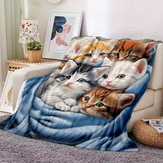 1pc Cute Cat Thin Blanket - Lightweight Flannel Throw For Sofa, Bed, Travel, Camping, Livingroom, Office, Couch, Chair, And Bed - Digital Printing Fleece Blanket With Soft And Warm Flannel Fabric