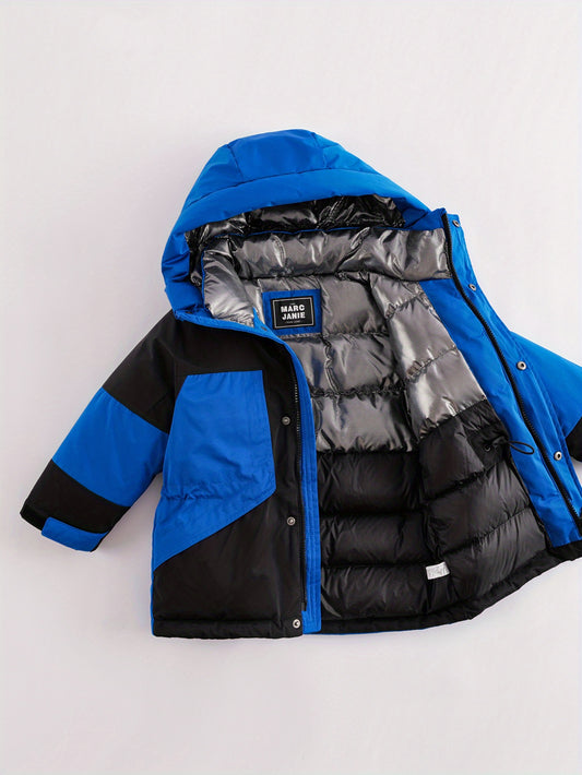 MARC&JANIE Kid's Windproof Outdoor Down Jacket, Warm Color Clash Zip Up Jacket, Boy's Clothes For Winter Outdoor, As Gift