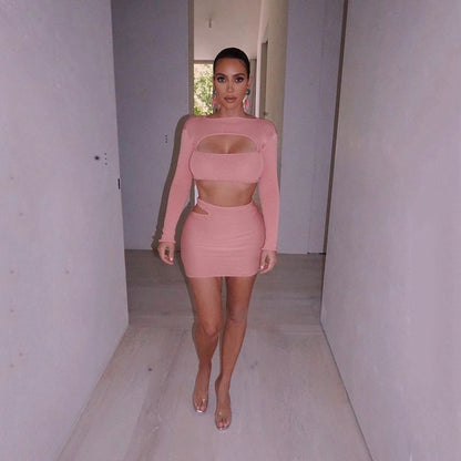2025 women's clothing INS hot-selling autumn new sexy two-piece set hollow skirt tight long-sleeved top set