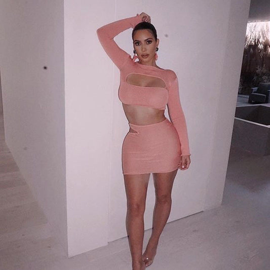 2025 women's clothing INS hot-selling autumn new sexy two-piece set hollow skirt tight long-sleeved top set