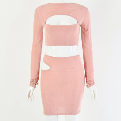 2025 women's clothing INS hot-selling autumn new sexy two-piece set hollow skirt tight long-sleeved top set