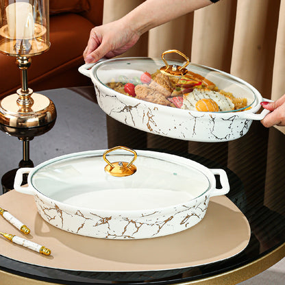 Nordic Style Golden Patterned Oval Ceramic Soup Pot - With Lid, Double Handles, and Dry Pot Functionality - Available in Small, Medium, and Large Sizes, White Color