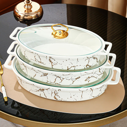 Nordic Style Golden Patterned Oval Ceramic Soup Pot - With Lid, Double Handles, and Dry Pot Functionality - Available in Small, Medium, and Large Sizes, White Color