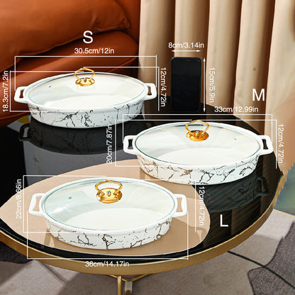 Nordic Style Golden Patterned Oval Ceramic Soup Pot - With Lid, Double Handles, and Dry Pot Functionality - Available in Small, Medium, and Large Sizes, White Color