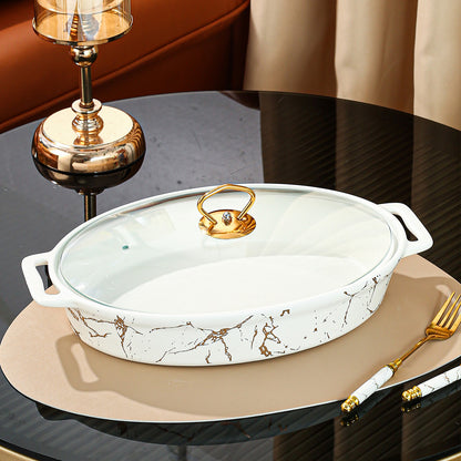 Nordic Style Golden Patterned Oval Ceramic Soup Pot - With Lid, Double Handles, and Dry Pot Functionality - Available in Small, Medium, and Large Sizes, White Color