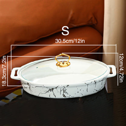 Nordic Style Golden Patterned Oval Ceramic Soup Pot - With Lid, Double Handles, and Dry Pot Functionality - Available in Small, Medium, and Large Sizes, White Color