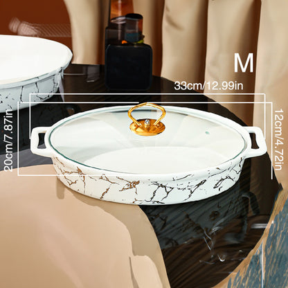 Nordic Style Golden Patterned Oval Ceramic Soup Pot - With Lid, Double Handles, and Dry Pot Functionality - Available in Small, Medium, and Large Sizes, White Color