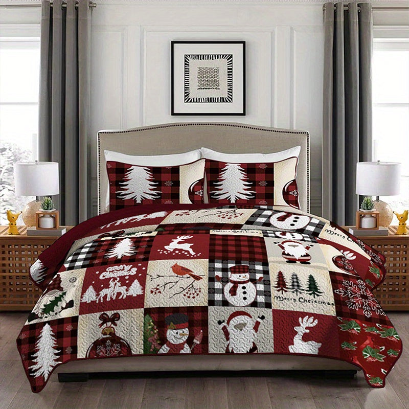 3pcs Festive Holiday Bedspread Set - Soft, Comfortable, and Elegant Christmas Patchwork Printed Coverlet with 2 Pillowcases - Perfect for Bedrooms, Guest Rooms, and Dormitories