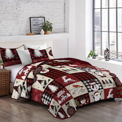 3pcs Festive Holiday Bedspread Set - Soft, Comfortable, and Elegant Christmas Patchwork Printed Coverlet with 2 Pillowcases - Perfect for Bedrooms, Guest Rooms, and Dormitories