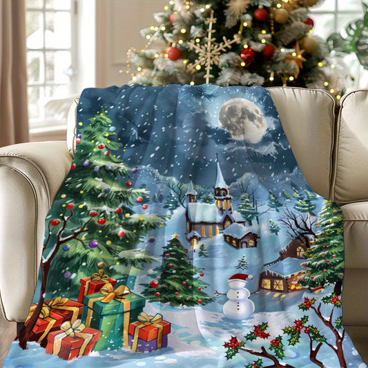 Christmas Holiday Scene Flannel Throw Blanket - Knitted Polyester, Quilted Craftsmanship, Digital Print with Full Moon, Snowman & Gifts, Soft & Warm for All Seasons, Ideal for Napping, Camping & Home Decor