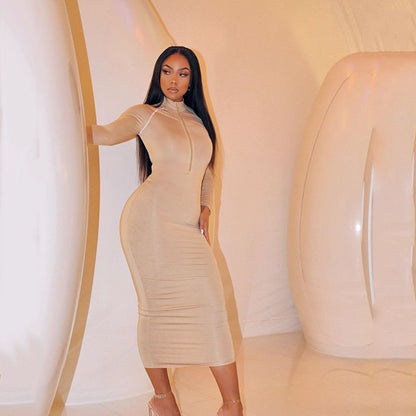 2025 INS fashion explosion Popular trade women's dress autumn  new female sexy tight zipper long sleeve step dress