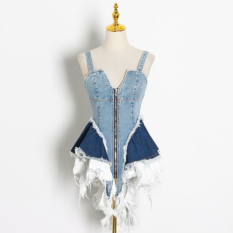 maoxiangshop alice in wonderland costume 2024 Autumn New Niche Color Matching Denim Waist Slimming Vest Camisole Women's Fashion