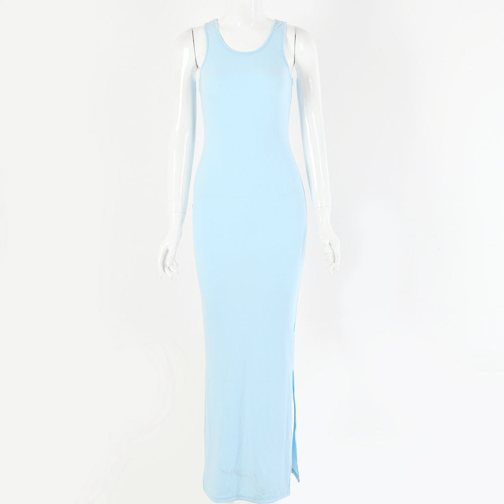 2025 women's clothing summer and autumn new sexy suspenders New Popular trade solid color splicing waist halter split dress