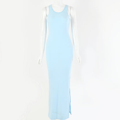 2025 women's clothing summer and autumn new sexy suspenders New Popular trade solid color splicing waist halter split dress