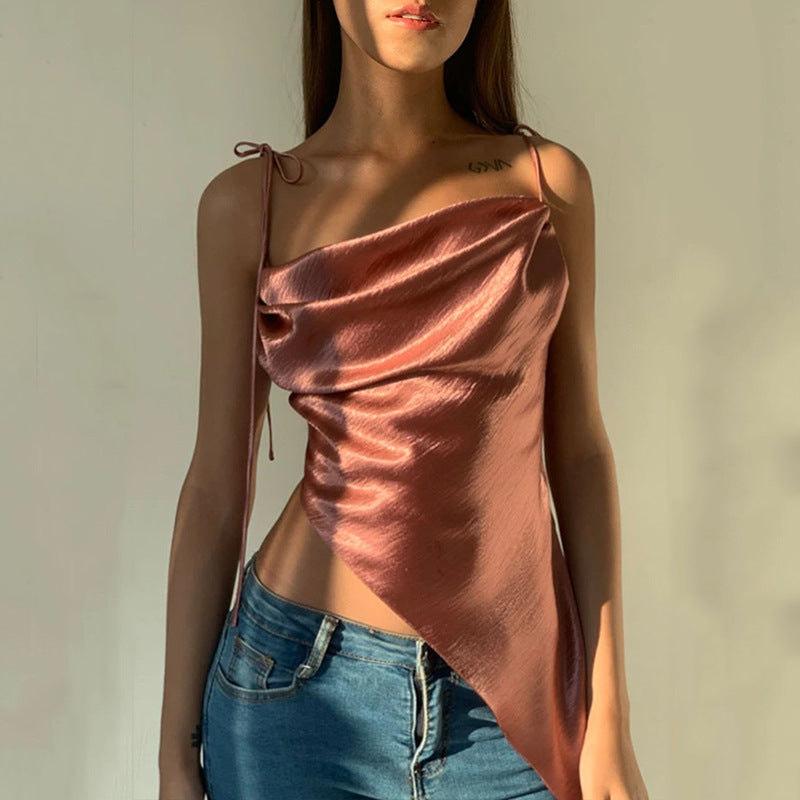 2025 women's clothing sexy suspenders INS style autumn new solid color satin U-neck bow irregular backless top