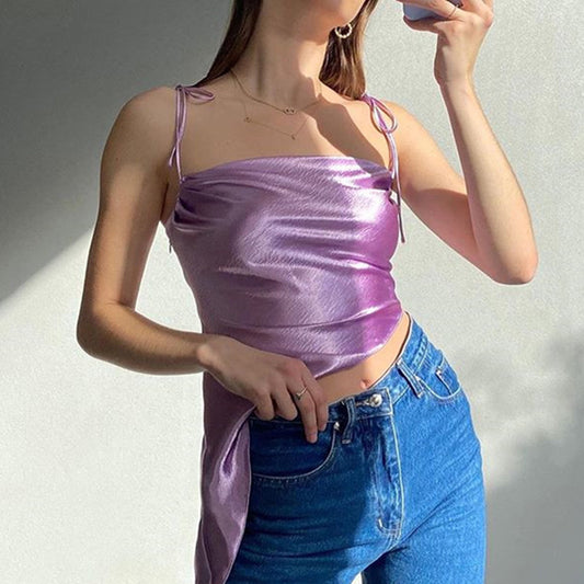 2025 women's clothing sexy suspenders INS style autumn new solid color satin U-neck bow irregular backless top