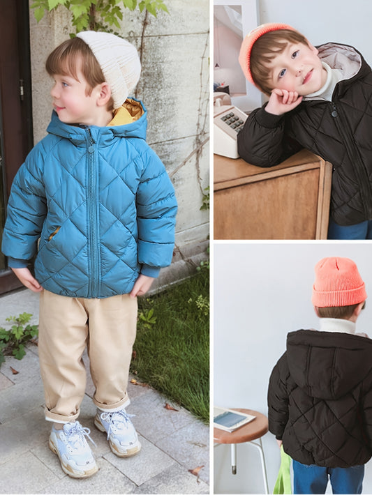 Boys Solid Color Warm Hooded Jacket, Zip Up Coat, Boy's Clothes For Winter Outdoor, As Gift