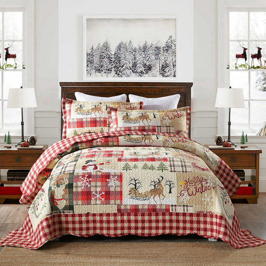 3 Pcs Christmas Quilt Bedspread Set Rustic Cabin Lodge Quilt Coverlet Set