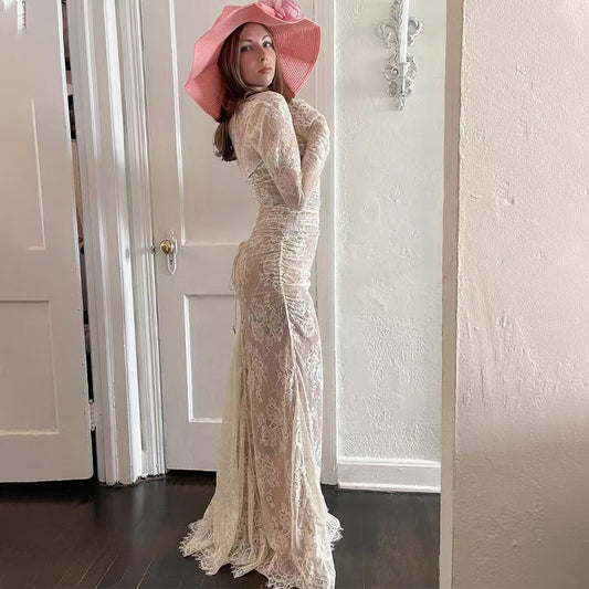 Vintage Elegant Bandage Mermaid Dress Spring Long Sleeve Lace Evening Party Prom Robe Women Casual Square Collar Vestidos Mujer