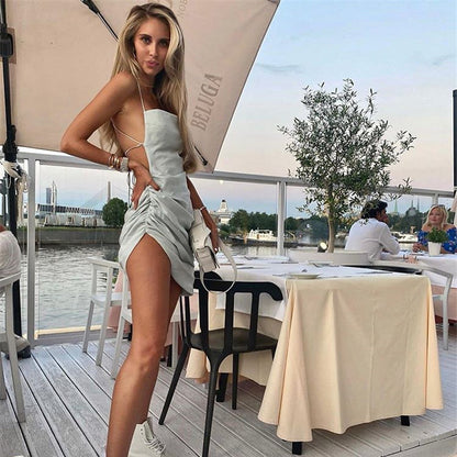 2025 women's clothing sexy suspenders  autumn new solid color irregular splicing backless lace-up dress women