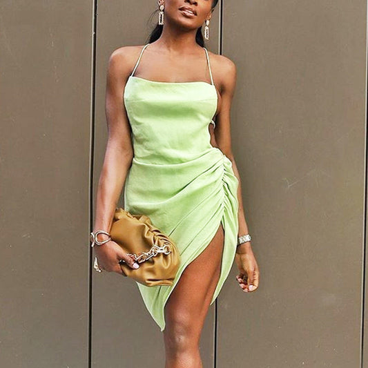 2025 women's clothing sexy suspenders  autumn new solid color irregular splicing backless lace-up dress women