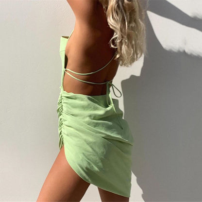 2025 women's clothing sexy suspenders  autumn new solid color irregular splicing backless lace-up dress women