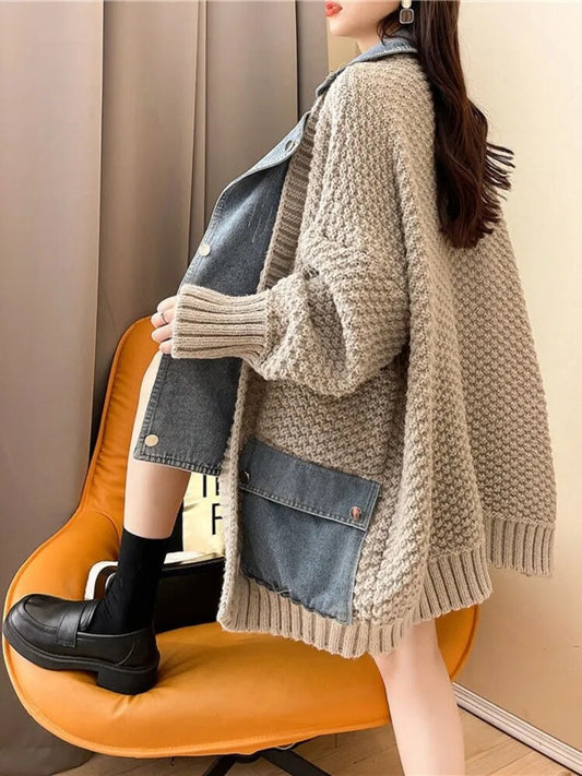 maoxiangshop2023 Autumn Winter New Arrivals Denim Stitched Sweater Coat Women's Loose Thickened Knitted Cardigan Top Women