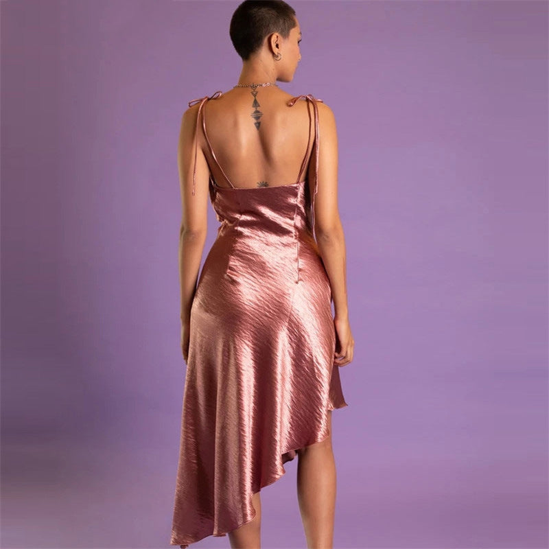 2025 Popular trade women's clothing sexy babes suspender dress  summer solid color halter strap irregular dress