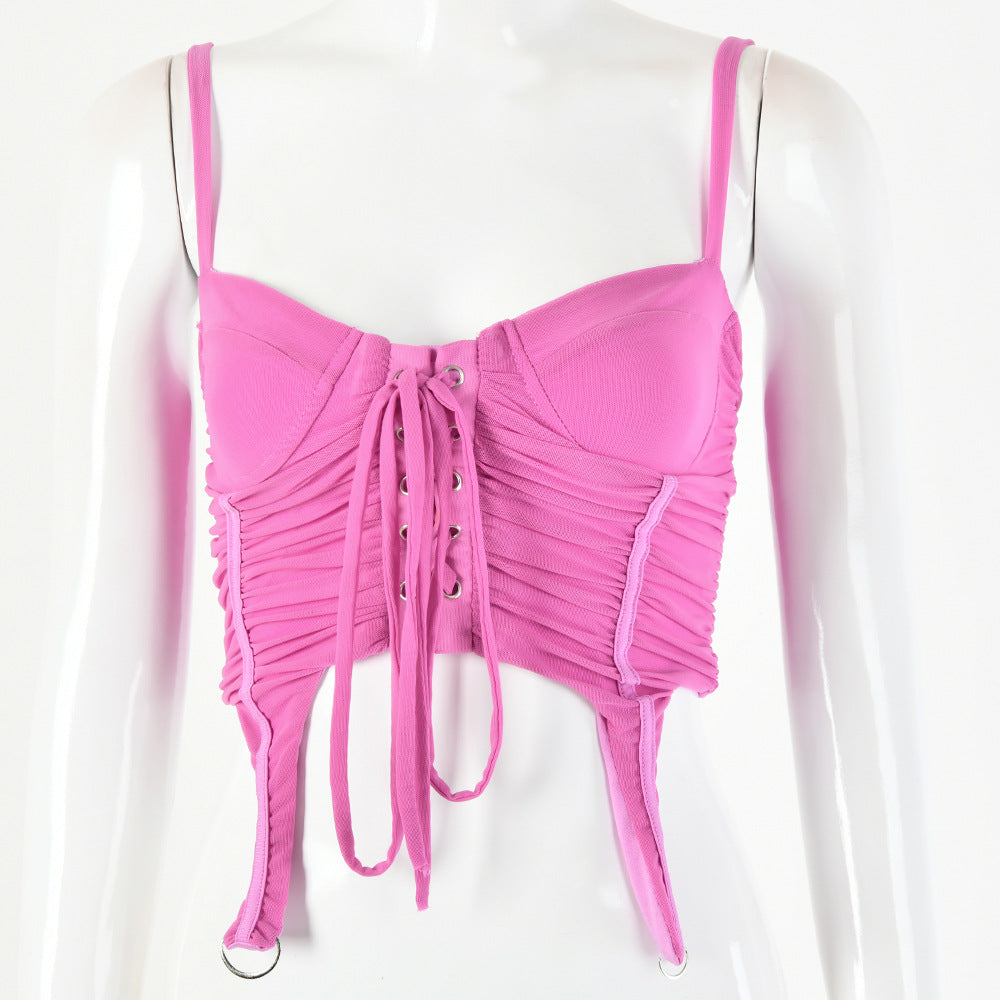 2025 style ins sleeveless women's top, sexy solid color small vest, wrinkled mesh strap, exposed button U-neck sling