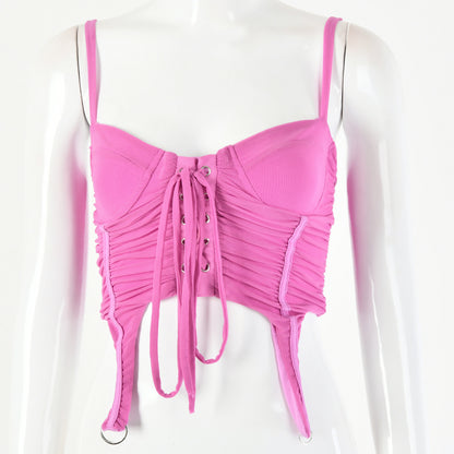 2025 style ins sleeveless women's top, sexy solid color small vest, wrinkled mesh strap, exposed button U-neck sling