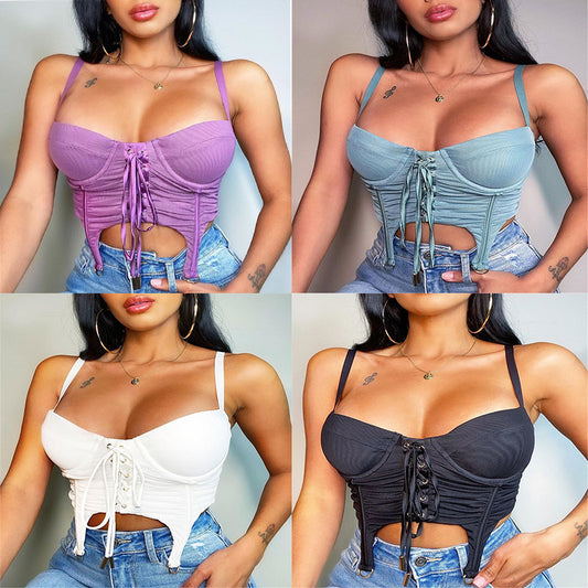 2025 style ins sleeveless women's top, sexy solid color small vest, wrinkled mesh strap, exposed button U-neck sling