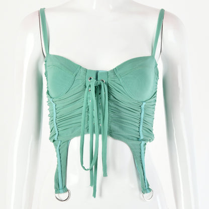 2025 style ins sleeveless women's top, sexy solid color small vest, wrinkled mesh strap, exposed button U-neck sling
