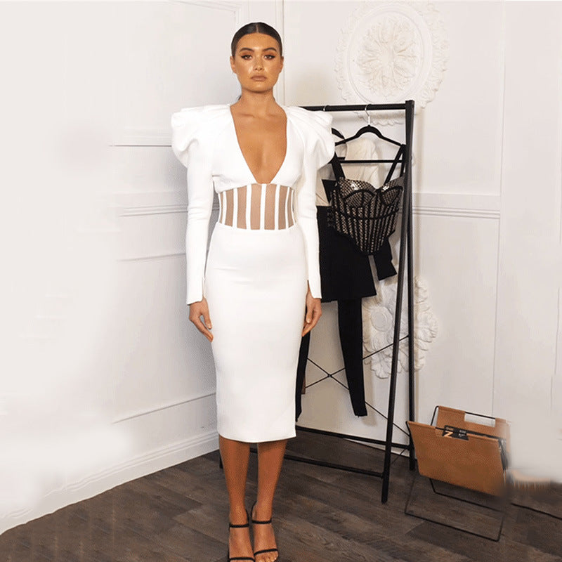 2025 style hollow splicing dress, celebrity style explosion, sexy perspective split V-neck long-sleeved temperament dress