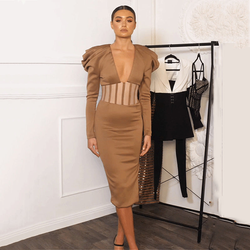 2025 style hollow splicing dress, celebrity style explosion, sexy perspective split V-neck long-sleeved temperament dress