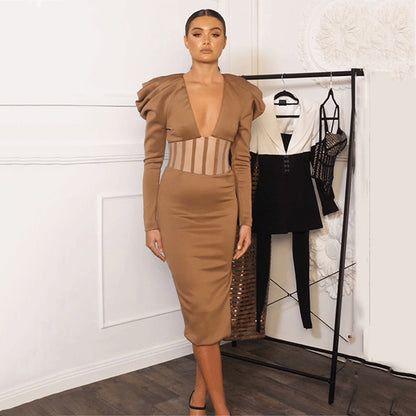2025 style hollow splicing dress, celebrity style explosion, sexy perspective split V-neck long-sleeved temperament dress