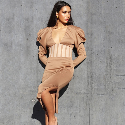 2025 style hollow splicing dress, celebrity style explosion, sexy perspective split V-neck long-sleeved temperament dress
