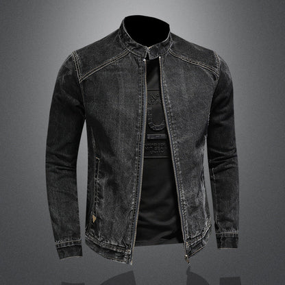 maoxiangshop-shop men outfits Spring and Autumn New Stand Collar Zipper Denim Coat Men's plus Size Trendy Motorcycle Jacket