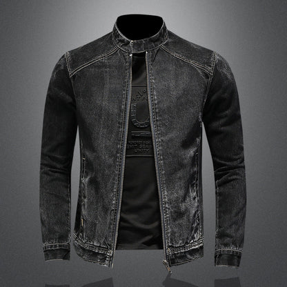 maoxiangshop-shop men outfits Spring and Autumn New Stand Collar Zipper Denim Coat Men's plus Size Trendy Motorcycle Jacket