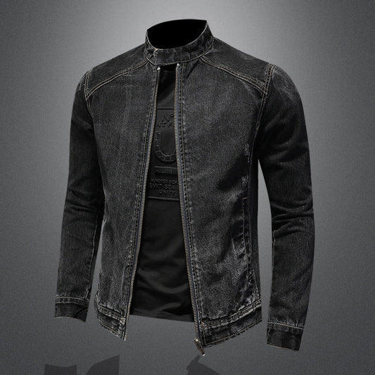 maoxiangshop-shop men outfits Spring and Autumn New Stand Collar Zipper Denim Coat Men's plus Size Trendy Motorcycle Jacket